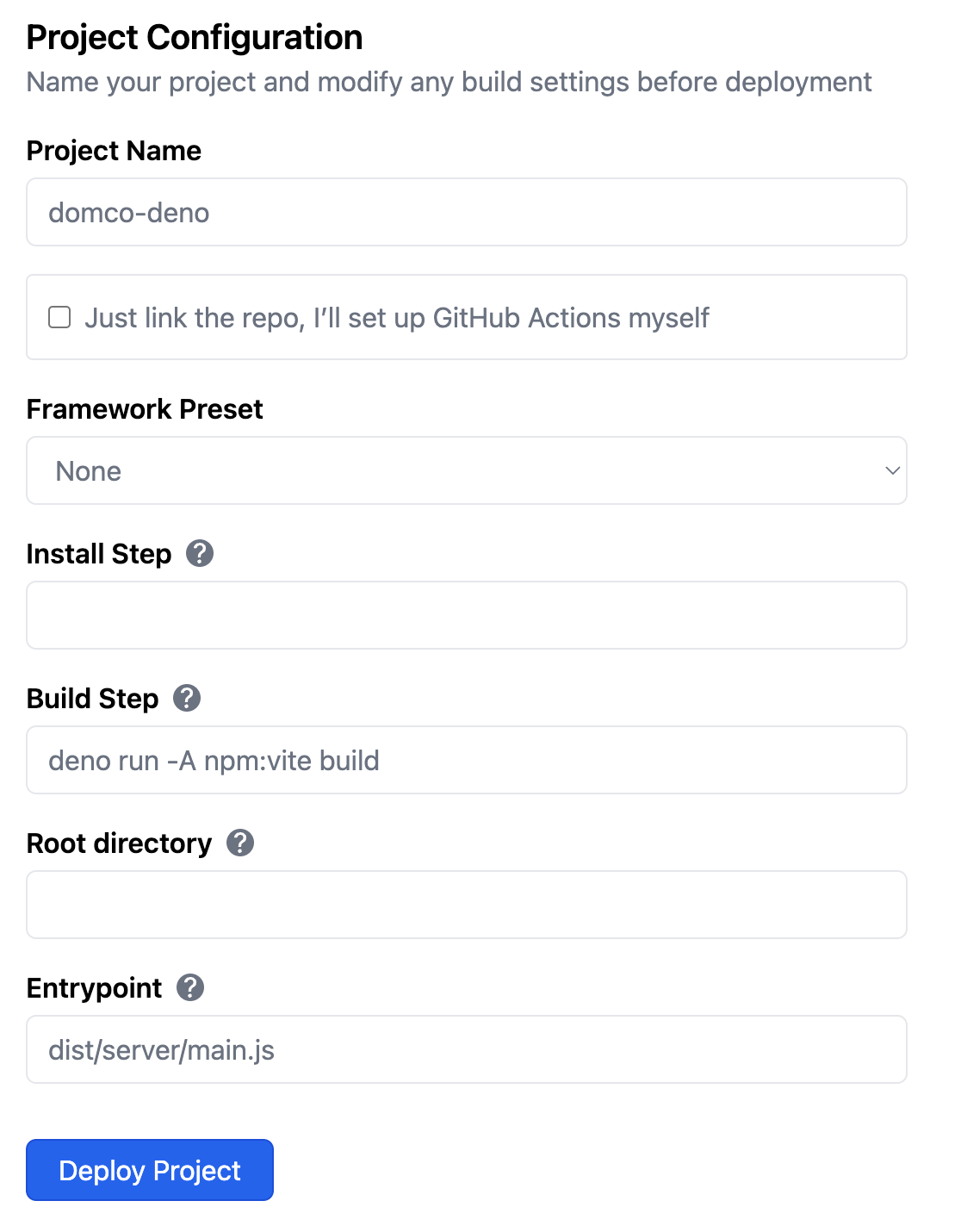 A screenshot of the Deno Deploy Project Configuration UI. Set the Framework Preset field to "None", set the build command to "deno run -A npm:vite build", and the entry point to "dist/server/main.js".